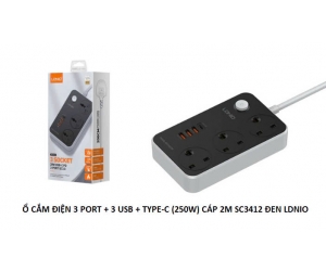 Ổ cắm điện LDNIO SC3412 (3port + 3USB + Type-C 250W, Dây Dài 2m) 