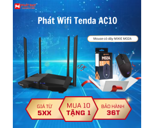 Phát Wifi Tenda AC10 Chính hãng (4 anten 5dBi, 1200Mbps, 2 băng tần, MU-MIMO, Repeater, 3LAN 1Gbps) (MUA 10 TẶNG 1 MOUSE M02A)