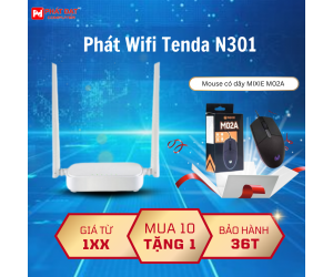 Phát Wifi Tenda N301 Chính hãng (2 anten 5dBi, 300Mbps, Repeater, 3LAN) (MUA 10 TẶNG 1 MOUSE M02A)