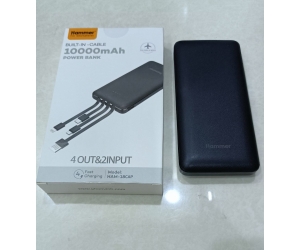 Pin dự phòng 10.000mAh HAMMER HAM-18CAP Black Chính hãng (Rated 7400mAh, 1 cổng USB: 5V-2.1A, Tích hợp cable Lightning, Type-C, MicroUSB 5V-2.1A)