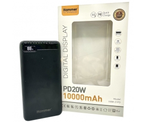 Pin dự phòng 10.000mAh HAMMER HAM-21PD Black Chính hãng (Rated  6200mAh, 2 cổng USB: 4.5V-5A, 5V-4.5A, 5V-3A, 9V-2A, 12V-1.5A, 1 cổng Type-C: 5V-3A, 9V-2.22A, 12V-1.66A, Màn hình LED, kèm cable MicroUSB)