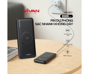 Pin dự phòng 10.000mAh VIVAN VPB-W11 Black Chính hãng (Rated 7.400mAh, 1 cổng USB: 5V-3A, 9V-2A, 12V-1.5A, 1 cổng Type-C: 5V-3A, 9V-2.2A, 12V-1.5A, Sạc ko dây 15W, kèm cable Type-C)