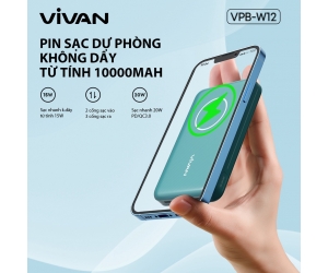 Pin dự phòng 10.000mAh VIVAN VPB-W12 Green Chính hãng (Rated 7.700mAh, 1 cổng USB: 5V-3A, 9V-2A, 12V-1.5A, 1 cổng Type-C: 5V-3A, 9V-2.2A, 12V-1.5A, Sạc ko dây 15W, Kèm cable Type-C)