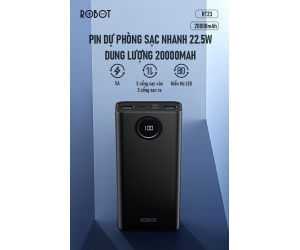 Pin dự phòng 20.000mAh ROBOT RT23 Black Chính hãng (Rated 14.800mAh, 2 cổng USB: 4.5V-5A, 5V-4.5A, 5V-3A, 9V-2A, 12V-1.5A, 1 cổng Type-C: 5V-3A, 9V-2.22A, 12V-1.67A, Màn hình LED, kèm cable Type-C)