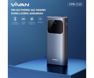 Pin dự phòng 20.000mAh VIVAN VPB-C20 Blue Chính hãng (Rated 14.800mAh, 2 cổng USB: 4.5V-5A, 5V-4.5A, 5V-3A, 9V-2A, 12V-1.5A, 1 cổng Type-C: 5V-3A, 9V-2.22A, 12V-1.67A, Màn hình LED, kèm cable Type-C)