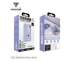 Pin dự phòng 30000mAh Phantom P30 (Tích hợp 4 cổng sạc: 2 cổng USB, 1 cổng typeC, 1 cổng microUSB, 22.5W, 142x68x42mm, LED hiển thị pin) 