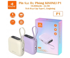 Pin Sạc Dự Phòng KISONLI P1 (10.000mAh - 22.5W -  Tích Hợp Cáp Type-C, Lingtning)