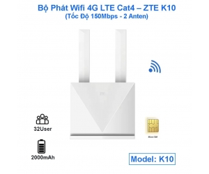 Router WIFI 4G LTE Cat4 – ZTE K10 (Tốc Độ 150Mb – Pin 2000mAh, Kết Nối Cùng Lúc 32 Thiết Bị, 2 Anten)