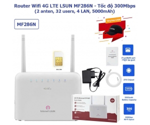 Router Wifi 4G LTE LSUN MF286N (2 Anten, 32 user, 4 Cổng Lan, 300 Mbps, 5000mAh, Nguồn 12v, Chỉ hỗ trợ MINI Sim Card) + Tặng nón LSUN