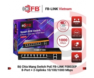 Switch POE FB-LINK F0802EP 8-Port + 2-Uplinks 10/100/1000 Mbps Chính Hãng (8 port PoE 100Mbps + 2 port Uplinks 1Gbps RJ45, Tối đa 250m, 48V-52V)