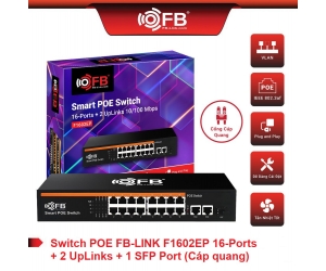 Switch PoE FB-Link F1602EP 16 port Chính hãng (16 port PoE 100Mbps + 2 port Uplinks 1000Mbps RJ45 + 1port SFP 1.25G, Tối đa 250m, 48V-52V, 250W)