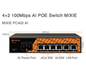 Switch POE MIXIE PC402 AI 4+2 100Mbs (Tối đa 250m, Chuẩn AT/AF, 78W, 52V)