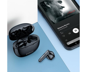 Tai nghe Bluetooth ROBOT Airbuds T10 TWS Black Chính hãng (Cảm ứng, 2 bên, v5.1, 5hrs, chống nước IPX4, Kèm cáp)