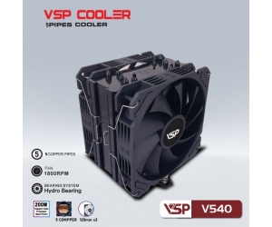 Tản nhiệt khí CPU 5 ống đồng VSP Cooler V540 2 fan 12cm Black (115x/1200/1366/1700/AM3/AM4/AM5)